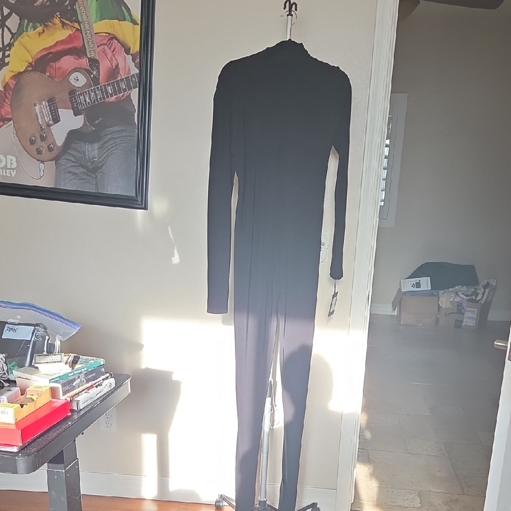 Black Open Back Women's Catsuit With Footies